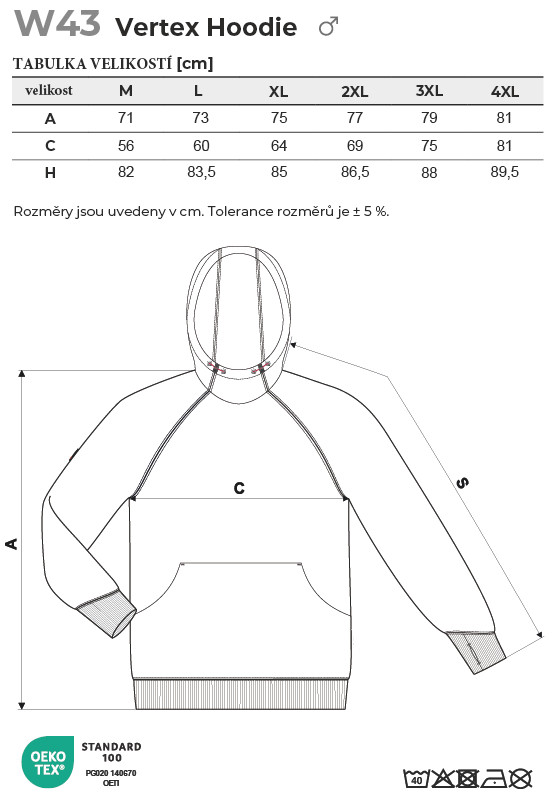 W43 Vertex Hoodie mikina pánská Tabulka velikostí